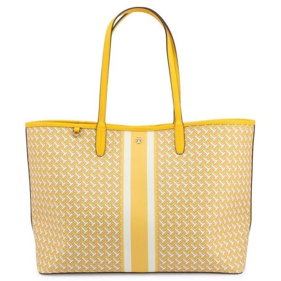 Tory Burch Bright Yellow Varsity Stripe T- Monogram Tote Bag - Picture 1 of 9